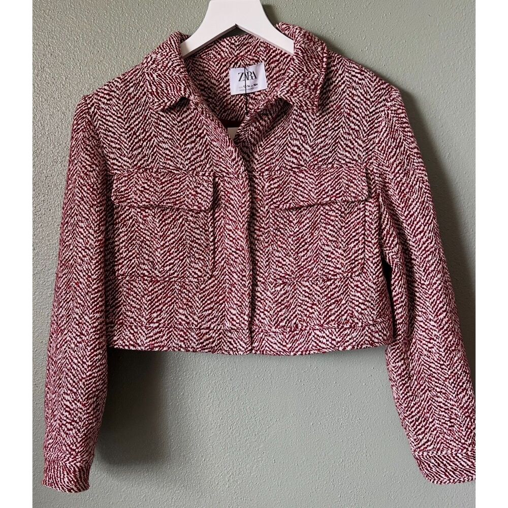 Zara Girls Tweed Cropped Red White Jacket Size 13-14